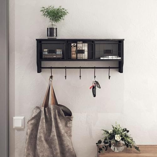 BizChair Wall Mounted Storage Rack - Blackwashed Solid Pine Wood - 24 Inch - Upper Shelf - 5 Hooks - Wire Baskets - For Entryway, Kitchen, Bathroom - Image 2