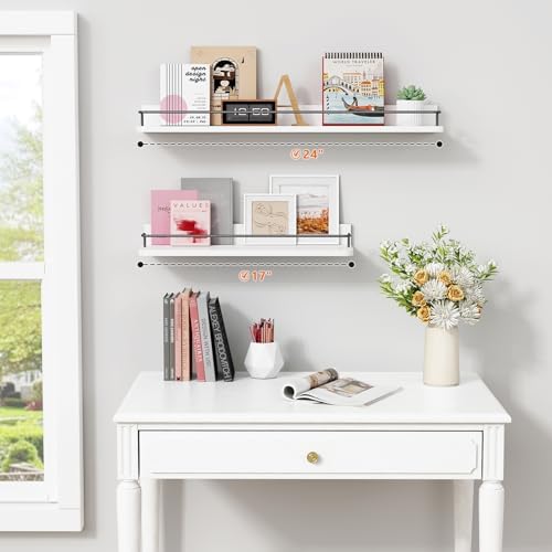 Forbena Floating Shelves for Wall 24 Inches Long, Modern White Wall Shelving Unit for Bedroom, Wood Hanging Shelf for Kitchen Bathroom Living Room Office Organizers and Storage (White and Grey) - Image 2