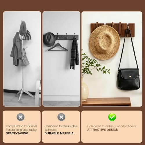 Coat Rack Wall Mount, Walnut 5 Flip-Down Picket Hanger Hooks for Entryway - Image 6