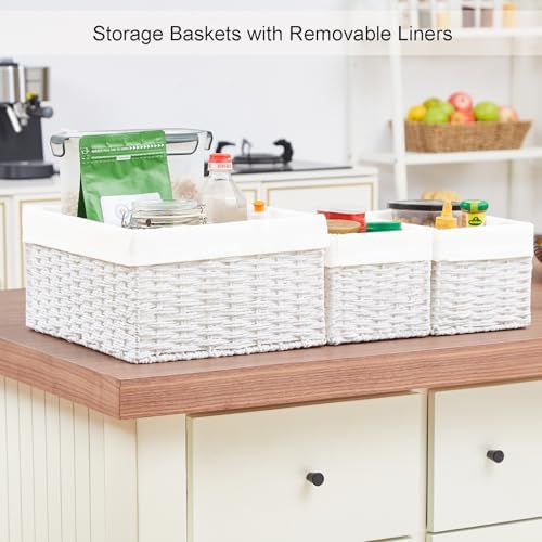 Vagusicc Wicker Basket, Set of 3 Hand-woven Storage Baskets for Organizing, Decorative Rectangle Wicker Storage Basket Bins with Handles, Small Toilet Paper Storage Baskets for Shelves & Decor, White - Image 6