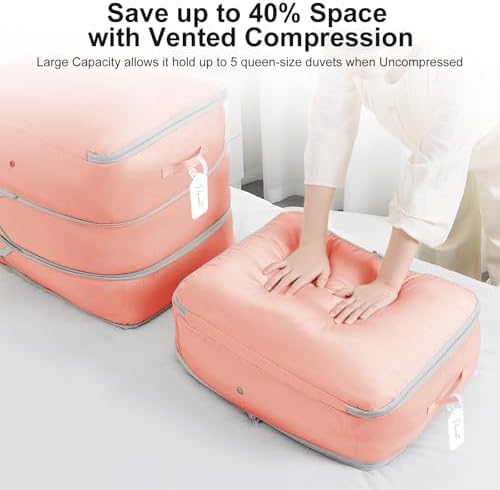 Comforter Storage Bag - Large Capacity Blanket Storage Bags 3-Layer Ultra Space Saving Self Compression Organizer, Washable Compression Bags for Storage Comforter Blanket, 4-Pack, Pink - Image 3