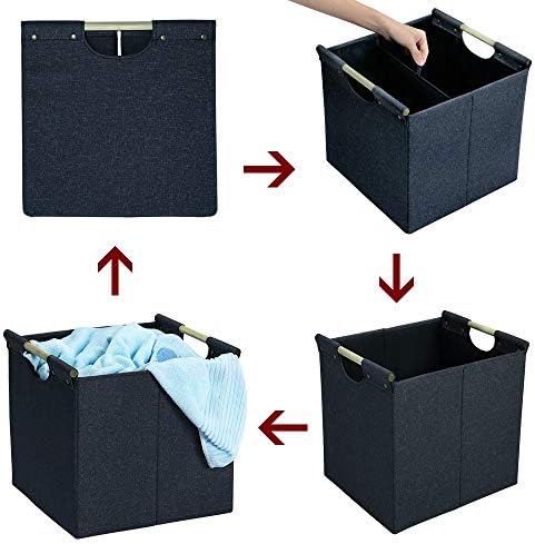 HOONEX Collapsible Storage Bins, 13x13x13in Storage Cubes Linen Fabric, 3 Pack, Storage Baskets with Wooden Carry Handles and Sturdy Heavy Cardboard, for Home, Office, Car, Nursery, Dark Grey - Image 6