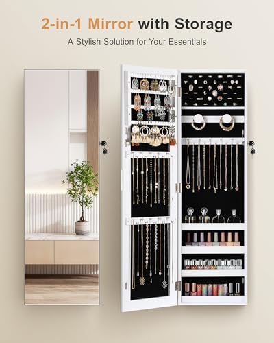 Nicetree Jewelry Cabinet Armoire, Hanging Jewelry Organizers and Storage, Lockable Jewelry Cabinet with Full-Length Mirror, Wall or Door Mount Jewelry Mirror Cabinet, Shelves, Polishing Cloth - Image 6