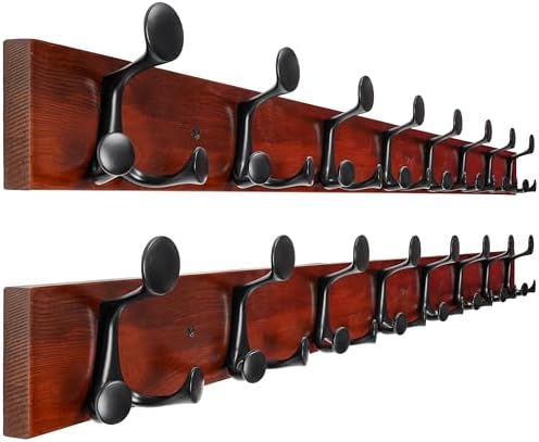 WEBI Coat Rack Wall Mount,43" Solid Wood Coat Hooks Wall Mounted Coat Hanger,16" Hole to Hole,Heavy Duty Hook Rack Rail,8 Triple Hooks for Hanging Coats,Jacket,Clothes,Hat,Backpack,Cherry,2 Packs by WEBI
