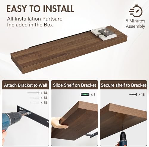 Acovy 48 Inch Floating Shelves, 12" Deep Floating Shelf Wall Mounted, 48" Wall Shelves, Rustic Deep Bookshelf, Extra Deeper & Thicker Display Shelves for Bedroom, Living Room, Walnut, Set of 2 - Image 6