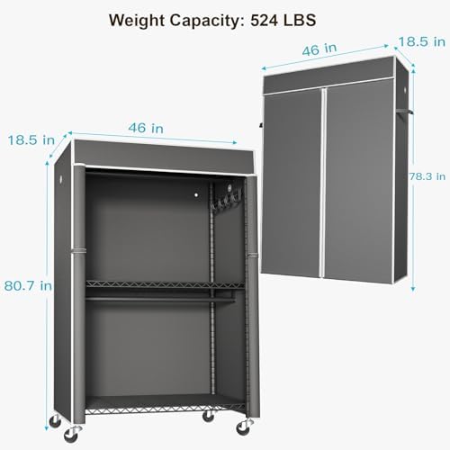 FUTASSI Black Clothing Rack with Dark Gray Cover, P1C Plus Rolling Closet - Image 3