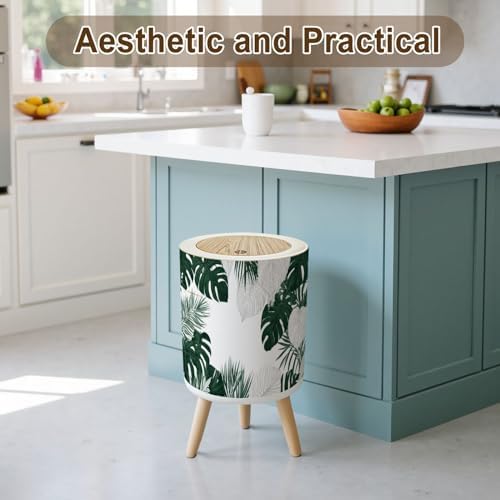 Trash Can with Lid Floral seamless green black white split leaf Philodendron plant vines Small Garbage Can with Legs Waste Bin Press Cover Wastebasket for Kitchen Bathroom Living Room 7L/1.8 Gallon - Image 3