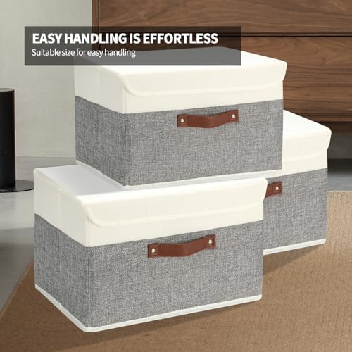 SAMORADREA 8 Pack Storage Bins Foldable Storage Boxes Fabric Storage Box with Lid & Handle Large Washable Organizer Bulk for Office, Home, Books, Clothes, Bedroom, Closet, (15INx10INx10IN White/Grey) - Image 5