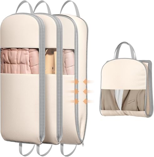 DIMJ 4 Pack 54" Garment Bags for Hanging Clothes - Space Saving Compression Suit Bag Travel with Handles Window, Washable Carry Clothing Storage Cover for Dress, Coats, Down Jacket, Shirts by DiMJ