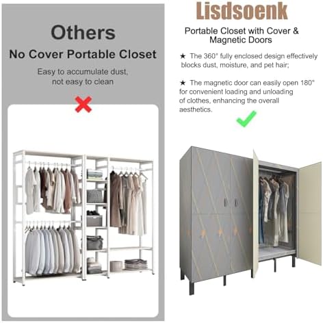 Heavy Duty Clothes Rack with Cover & Magnetic Doors, 1500lb Portable Wardrobe Closet - Foldable Freestanding Garment Rack for Bedroom, Large Storage for Hanginng Dresses Jackets (Grey, 49.2IN) - Image 6