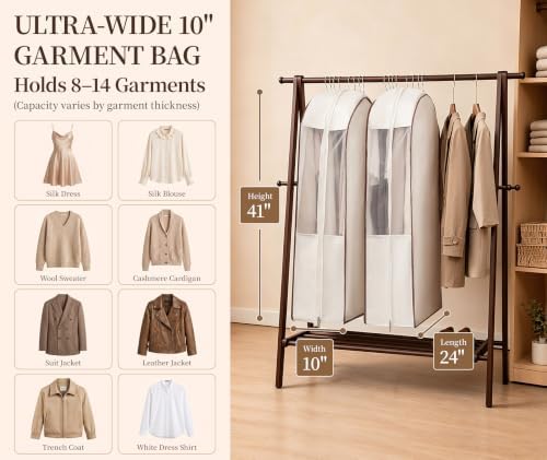 41" Cotton Garment Bags for Hanging Clothes, 2 Pack Breathable Suit Bags for Closet Storage, 10" Wide Gusseted & Clear Window, for Suits, Short Dresses, Sweaters, with Cedar Blocks - Image 3