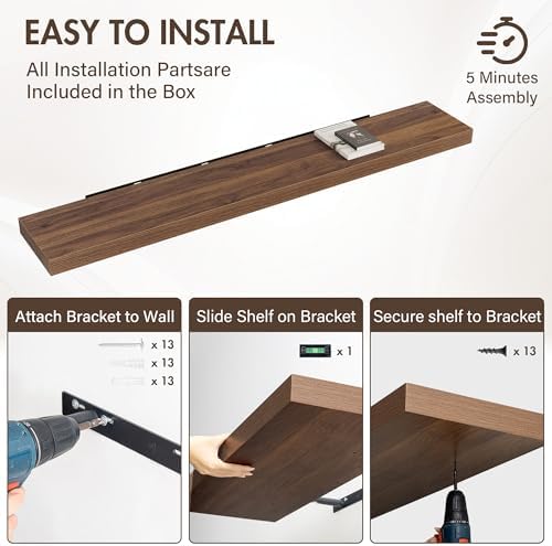 Acovy 72 Inch Floating Shelves, 12" Deep Floating Shelf Wall Mounted, 72" Wall Shelves, Rustic Deep Bookshelf, Extra Deeper & Thicker Display Shelves for Bedroom, Living Room, Set of 2 - Image 6