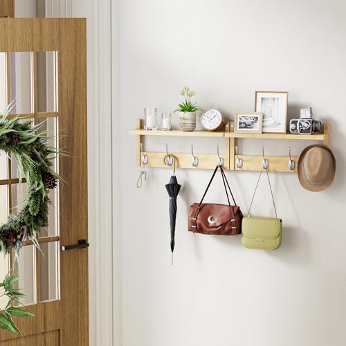 STELLSTAR Coat Rack with Shelf, 2 Pack Bamboo Wall-Mounted Coat Hanger with 8 Hooks for Entryway, Hallway, Kitchen, Bathroom, Living Room, Utility Room (Natural) - Image 2