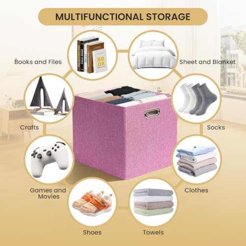 Posprica 3X Thicker Collapsible Storage Bins,13×15x13 Foldable Storage Cube Boxes Fabric Drawer for Closet Shelf Cabinet Bookcase, set of 4 (Pink) - Image 5