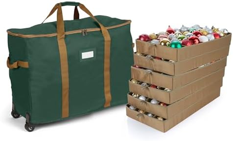 Covermates Keepsakes Rolling Adjustable Ornament Storage Bag – Heavy-Duty Polyester, FlexGrid Trays & Padded Dividers – Protective Holiday Organizer with Wheels, Handles & ID Window, Green by Covermates