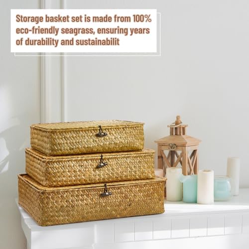 Didaey Set of 4 Seagrass Basket with Lid Wicker Storage Basket Decorative Storage Boxes with Lids Flat Storage Bins Woven Organizer Baskets for Shelf Closet Bedroom, 4 Sizes (Yellow) - Image 5