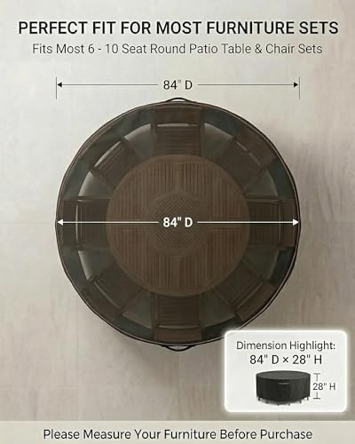 Round Outdoor Patio Furniture Cover, Heavy Duty 600D Waterproof Cover for Table & Chair Set or Sofa Set Covers, Windproof,UV Resistant, All-Season for Backyard,Deck,Garden,84" L x 84" W x 28" H,Black - Image 4