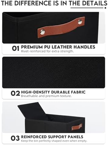 Fabric Storage Bins (15x11x9.5”) – Reinforced 2.5mm Cardboard Shelf Bins with PU Leather Handles – [6-Pack] Durable Storage Baskets for Closet Organization, Toy Organizer, & Home Office – Black - Image 3