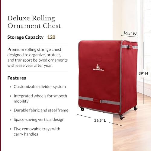 Balsam Hill Deluxe Rolling Ornament Chest - 120pc Christmas Decoration Storage with Dividers & Trays - Image 3