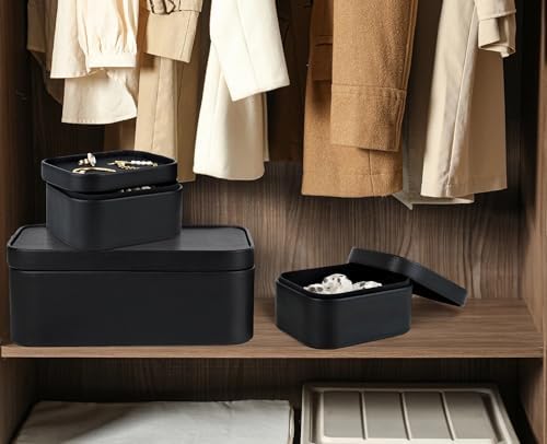 HofferRuffer Faux Leather Decorative Storage Boxes, Dust proof Storage Shelf Baskets with Lids Trays, Storage Bins Memory Box Organizer for Home, Office, Jewelry & More, Set of 3 (Black) - Image 5