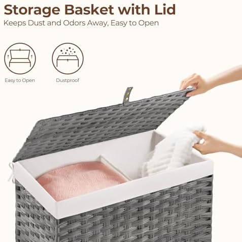 GREENSTELL Storage Basket with Lid, 17.2 Gallon(65L) Small Wicker Blanket Storage Basket with Handles, Foldable, 2 Removable Liner Bags, Metal Frame, for Bedroom, Laundry Room, Grey, 22.2"*13.4"*13.4" - Image 4