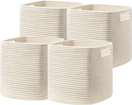Dreamcountry 13x13 Cube Storage Bins, Storage Cubes with Handles, 4 Pack Cotton Rope Basket for Shelves, Cube Storage Organizer forToys, Book, Clothes, Home, Office, Nursery, Beige by Dreamcountry