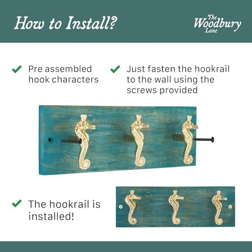 Coastal Wall Mounted Coat Rack with 3 Polished Brass Seahorse Hooks for Hanging, Distressed Hook Rail for Hat & Coats, Nautical Beach Themed Organizer for Entryway & Bathroom - Image 3