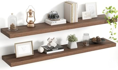 Acovy 48 Inch Floating Shelves, 8 Inch Deep Floating Shelves for Wall, Hanging Shelf with Invisible Brackets, Deep Shelves for Bathroom, Bedroom, Living Room, Walnut, Set of 2 by Acovy