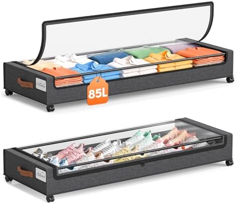 Yecaye 85 L Under Bed Storage with Wheels, 2 Pack Extra Large Under Bed Storage Containers with Metal Frame & Clear Lid, Rolling Underbed Organizer Bins Drawers for Clothes, Shoes, Blankets, Hemp Grey by Yecaye