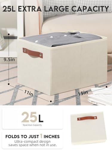[6-Pack] Fabric Storage Bins Reinforced 2.5mm Cardboard Shelf Bins with PU Leather Handles (15x11x9.5 ) Durable Storage Baskets for Closet Organization, Toy Organizer, & Home Office Beige - Image 2