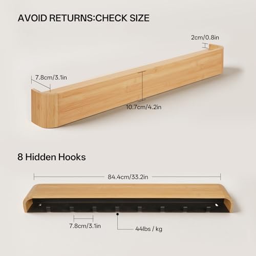 33" Bamboo Coat Rack Wall Mount, 8 Hidden Hooks, Family, Natural - Image 2