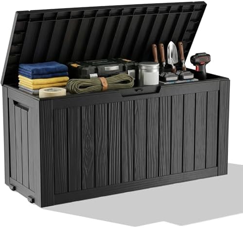 Lockable Resin Storage Bench, Waterproof UV Resistant Outdoor Deck Box, Patio Porch Garden Pool Storage Bin for Cushions Pool Floats Garden Tools(Black,85 Gallon) by MAIUSCOLI