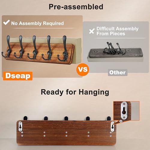 Dseap Coat Rack Wall Mounted - 5 Tri Hooks, Heavy Duty, Wooden Wall Coat Hanger Coat Hook for Clothes Hat Jacket Clothing, Black, Pack of 2 - Image 5