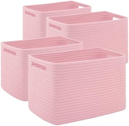 4 Pack Storage Baskets for Organizing Toys, Towels, and Clothes, Woven Basket for Shelves, Sturdy Nursery Cube Bins for Storage, 13''L x9''W x7.8''H, Pink by SIXDOVE