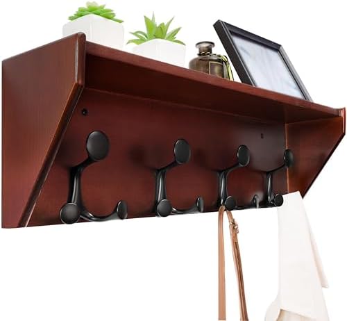 WEBI Wall Shelf with Hooks Underneath,24" Long Wall Mounted Coat Rack with Shelf,Entryway Coat Rack with 4 Triple Hooks for Hanging Coats,Jacket,Hallway,Bedroom,Mudroom,Cherry by WEBI