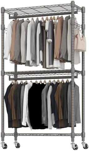 BATHWA Clothes Racks for Hanging Clothes, 35.5" W x 16.5" D x 80.7" H, Rolling Tall Heavy Duty Wardrobe Rack with Shelves & Wheels Metal Freestanding Multifuctional for Bedroom Laundry balcony, Grey by BATHWA