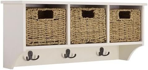 SAFAVIEH Home Collection - Finley Ivory Wall Mounted 3-Basket Storage Rack with Hooks & Seagrass Baskets (HAC5700H) - Image 6