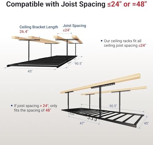 FLEXIMOUNTS 4x8 Overhead Garage Ceiling Storage Rack with 6 Hooks, Black - Image 3