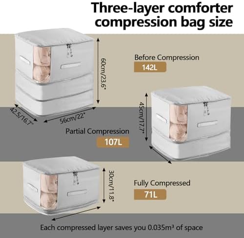 4 Pack Space Saving Comforter Storage Bag with Handle, 3-Layer Compression Blanket Storage Bags Adjustable In 3 Sizes (142L, 107L, 71L), Washable Bedding Organizer For Pillow Duvet Clothing Plush Toy - Image 3