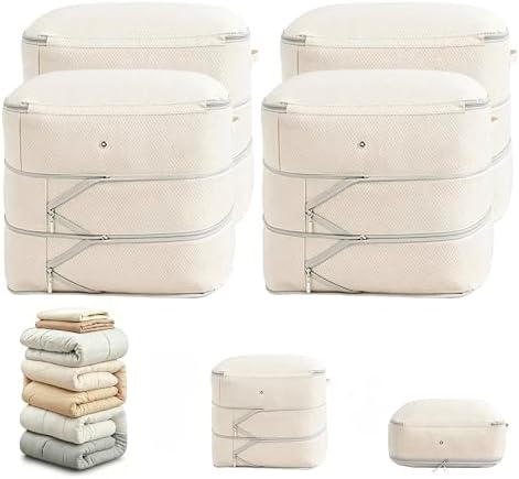 Comforter Storage Bag, Large Capacity Blanket Storage Bags 3-Layer Ultra Space Saving Self Compression Organizer, Heavy Duty Space Saver Organizer for Bedding, Clothes, Blanket, 4-Pack, Beige by Unknown