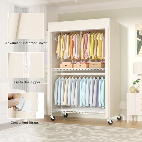 FUTASSI White Clothing Rack with Beige Cover, P1C Plus Rolling Closet - Image 5