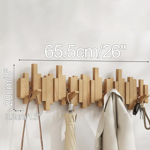 Wooden Coat Hooks Wood Wall Mounted Piano Coat Rack Flip Down Hook Rack Coat Rack Wall MountMulti Functional Space Saving Wall Organizer(Beech,65.5cm/26") - Image 2
