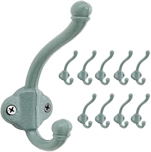 Dseap Cast Iron Wall Hooks L=5”, Heavy Duty Coat Hooks, Rustic Vintage Farmhouse Hook for Hanging Winter Coats Jackets Towels Hats Bags Plants, Mint Green, Pack of 10 (VintageBold) by Dseap