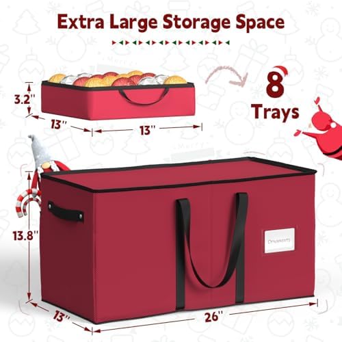 Sunvigor Christmas Ornament Storage Box with 8 Trays, Fits 128 Holiday Ornament Christmas Storage Container with Adjustable Dividers, Dual Zippers, 600D Oxford Christmas Decorations Storage(Rose Red) - Image 6