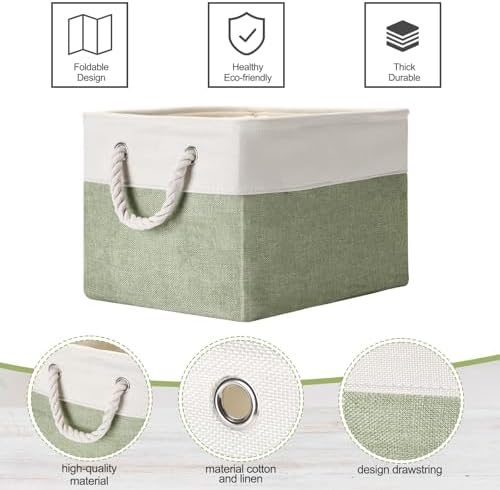 FoldTier 10 Pack Large Collapsible Fabric Storage Baskets with Handles Decorative Storage Bins for Organizing Shelves Toys Clothes(Beige & Green,16 x 12 x 10 Inches) - Image 3