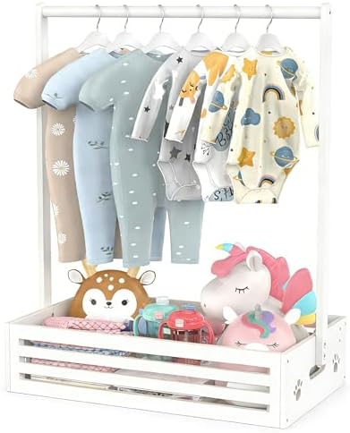 BAMBOOHOMIE Baby Clothing Rack for Toddler, Pets Clothes Rack with Storage Box & Adjustable Hanging Rod for Dogs/Cats, Baby Shower Clothes Closet Rack with Handle for Nursery Room (White, Baby) by BAMBOOHOMIE