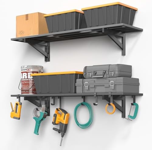 Jusgym 2 Pack Heavy Duty Garage Wall Shelving with 8 Hooks, 1x4ft, 500lbs by Jusgym