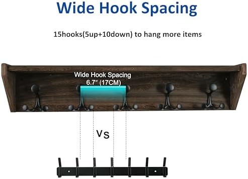 WEBI Wall Shelf with Hooks Underneath,35" Long Wall Mounted Coat Rack with Shelf,Entryway Coat Rack with 5 Triple Hooks for Hanging Coats,Jacket,Hallway,Bedroom,Mudroom,Weathered Brown - Image 3