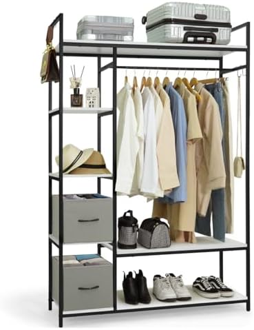 CAPHAUS 979lbs Capacity Garment Rack for Hanging Clothes, Heavy Duty Open Wardrobe w/Hanging Rods & Fabric Drawers, Free Standing Closet Organizer, Metal Closet Rack w/White Wooden Shelves by CAPHAUS