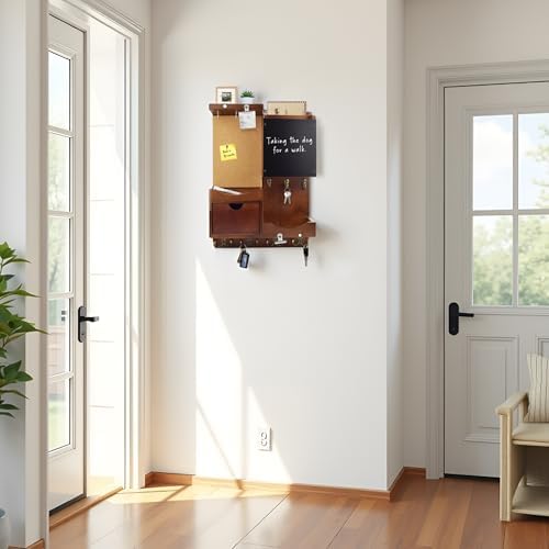 Key Holder Wall Mount with Drawer and Mail Organizer, Vintage Brown - Image 5